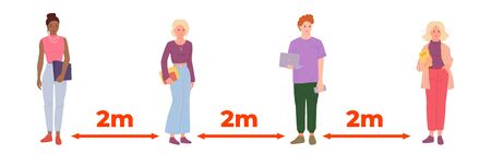 People keep social distance. Student keeping distance, infection risk. Different nations representatives gadgets in hand. Isolated vector illustrationのイラスト素材