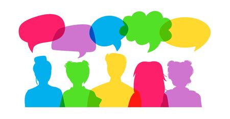 People colorful overlay dialog speech bubble. Flat cartoon style. Group young people students discuss social network, news, social networks, virus. Silhouette speech bubbles. Vector illustrationのイラスト素材