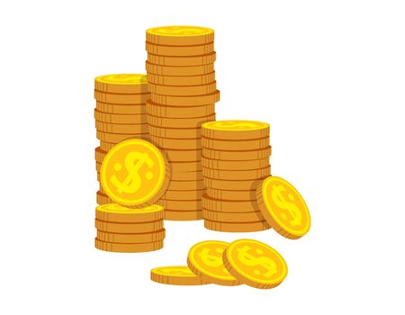 Neat stacks of gold coins flat cartoon. Golden coin pile heap, bank currency shining sign. Stacks money for game, apps. High stacks, financial growth. Hundreds cash pile. Isolated vector illustrationのイラスト素材