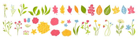 Branch and flower rose botanical green set. Abstract different beautiful floral design elements. Colorful flat floral cartoon eco collection. Beautiful isolated greens leaf. Vector illustrationのイラスト素材