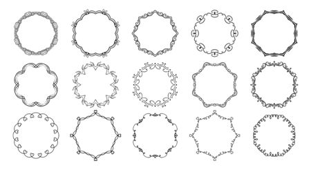 Circular frameworks divider calligraphic set. Round flourishes borders, vegetable whorls vignettes decorative frame, ornament banner. Elegant graphics elements ink black drawing. Vector illustrationのイラスト素材