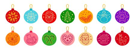 Christmas ball flat cartoon set. Colorful round balls. Sign New year, icons collection bird, holly, house, deer and candy, snowflakes, sock, Christmas tree, bell, star. Isolated vector illustrationのイラスト素材
