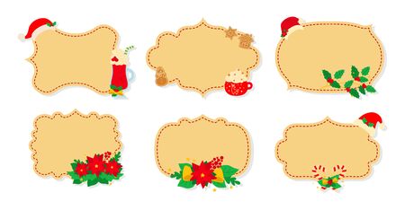 Christmas label and tag flat set. Cartoon holiday collection beige christmas patch labels. Christmas tags decorated objects, holly mistletoe, candy hat. New Year collection. Vector illustrationのイラスト素材