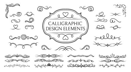 Divider, curl and swirl calligraphic set. Flourishes borders, vegetable whorls vignettes decorative elements, ornaments. Elegant graphics elements ink black and white drawing. Vector illustrationのイラスト素材