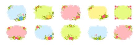 Label frames set. Decorated floral composition, flower branch and leaf. Decorative colorful flat cartoon frame collection. Abstract romantic ornate empty sticker tag. Isolated vector illustrationのイラスト素材