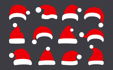 Santa Clause hat, Christmas flat set. Xmas Santa winter red hats. New Year cartoon holiday cute traditional caps collection. Festive design element. Isolated on dark background vector illustrationのイラスト素材