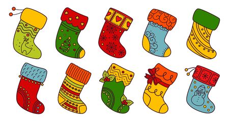 Christmas socks flat line set. Colorful linear cartoon holiday traditional and ornate stockings. Christmas socks for gift, decorated holly and patterns. New Year design collection. Vector illustrationのイラスト素材
