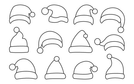 Santa Clause hat, Christmas flat line set. Xmas Santa winter hats black linear. New Year cartoon holiday traditional caps. Festive design element collection. Isolated on white vector illustrationのイラスト素材