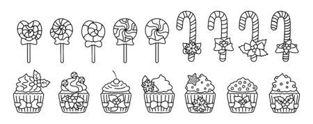 Christmas sweets, candy, cupcake line set. Tasty holiday black linear flat cartoon sweets. Lollipop cane caramel, sugar cake. New year and christmas food, decorated holly. Isolated vector illustrationのイラスト素材