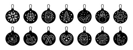 Christmas ball flat silhouette cartoon set. Black glyph round balls. Sign New year, icons collection bird, holly, house, deer and candy, snowflakes, sock, Christmas tree. Isolated vector illustrationのイラスト素材