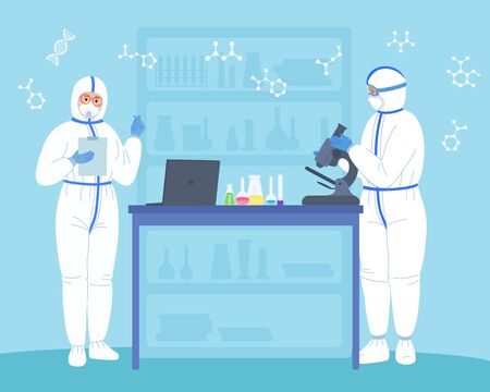 Scientist in lab with microscope, protective suits mask. Laboratory research flat cartoon. Discovery concept vaccine from coronavirus. Scientists flasks microscope, computer working antiviral medicineのイラスト素材