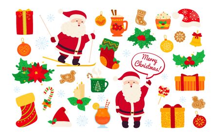 Christmas and New Year set. Holly, cupcake, bell, cup, hat, santa skiing and cookies gift. Flat cartoon design elements. New year and christmas objects collection. Isolated vector illustrationのイラスト素材
