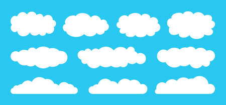 Cloud set flat cartoon style. Abstract elements, white cloudy collection. Label, symbol, shape different clouds sky. Symbol for website design, logo or app. Isolated on blue vector illustrationのイラスト素材