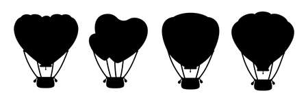 Hot air balloon black silhouette set. Monochrome heart shape or circle. Cartoon Valentine day design air balloons collection. Festivals or wedding journey air transport. Vector Isolated illustrationのイラスト素材