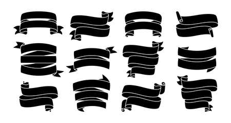 Ribbon black glyph set. Decorative icons, monochrome tape collection. Design for greeting cards, banners invitations. Silhouette ribbons sign. Web icon kit of text banner. Isolated vector illustrationのイラスト素材