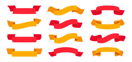 Ribbon yellow and red set. Tape blank flat collection, decorative icons. Vintage design, colored ribbons sign cartoon style. Web icon kit of text banner tapes. Isolated vector illustrationのイラスト素材
