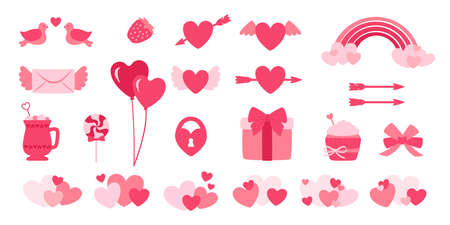 Valentine day design elements set. Flat cartoon style. Cute letter, gift bouquet and boxes. Sweets, rainbow drink, balls decorations for holiday. Pink objects collection. Isolated vector illustrationのイラスト素材