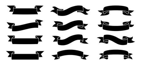 Ribbon set. Tape blank black glyph collection, decorative silhouette icons. Vintage outline design, ribbons sign style. Web icon kit of text banner tapes. Isolated vector illustrationのイラスト素材