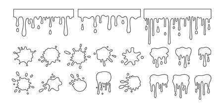 Line splash shape set. Black outline, round ink splatter collection, decorative shapes liquids. Contour splashes drops, spatters sketch style. Stain ink collection. Isolated vector illustrationのイラスト素材