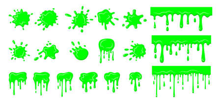 Slime drip blob, splatters set. Collection green dirt splat, goo dripping splodges of slime splatter. Halloween shapes liquids. Bright green stain cartoon flat mucus. Isolated vector illustrationのイラスト素材