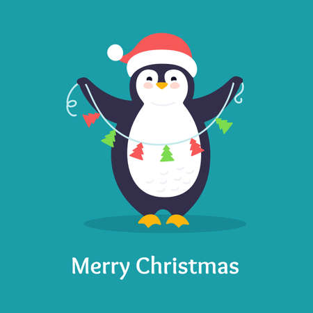 Penguin with garland, cartoon greeting Merry Christmas. Winter holidays postcard. Funny happy New year animal character. Cute card flat hand drawn penguin banner. Isolated vector illustrationのイラスト素材