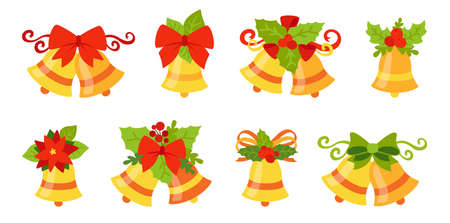 Christmas bells with bows and holly set. Holiday golden metal campane composition collection. Flat cartoon design elements. New year and christmas composition. Isolated vector illustrationのイラスト素材