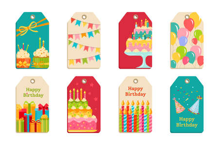 Birthday party tags set sticker. Cartoon label present cake, candle, gift box, cupcake. Colorful balloons, flat celebration food, candy. Party design elements, balloon, sweet, dessert. Isolated vectorのイラスト素材