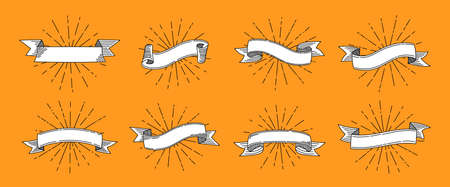 Ribbon old vintage set. Blank tape banners drawing, light rays, sunburst backdrop. Grunge banners or invitations.Retro design elements. Web icon kit of text banner tapes. Isolated vector illustrationのイラスト素材