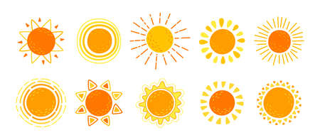 Sun flat set. Hand drawn cute suns. Funny yellow childish sunny collection. Yellow bright abstract sun with sunbeams cartoon summer. For poster, print, card or books. Isolated vector illustrationのイラスト素材
