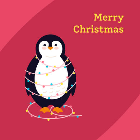 Penguin with garland cartoon greeting Merry Christmas, Winter holidays postcard. Funny happy New year animal winter character. Cute card flat hand drawn penguin banner. Isolated vector illustrationのイラスト素材