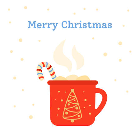 Christmas cup flat hot drink tree, lollipop and marshmallows. Merry Christmas greeting postcard. New year cartoon beverage, holiday cute mug coffee, decorated candy. Isolated vector illustrationのイラスト素材