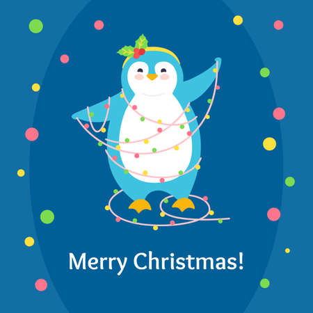 Penguin with garland. Winter holidays postcard cartoon flat greeting Merry Christmas. Cute card hand drawn penguin banner. Funny happy New year animal character. Isolated vector illustrationのイラスト素材