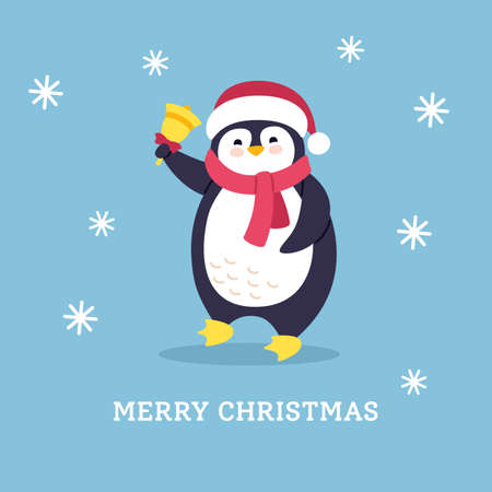 Penguin with bell, snow. Winter holidays postcard cartoon flat greeting Merry Christmas. Funny happy New year animal character. Cute card hand drawn penguin banner. Isolated vector illustrationのイラスト素材