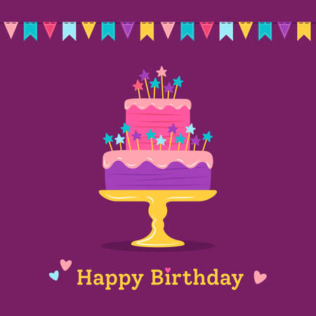 Birthday greeting postcard, cartoon cake with stars, and flags. Party design element, and chocolate....