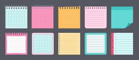Paper stickers note flat set. Notebook collection notepads and memo messages. Blank notes with elements of planning. Various tag business office. Isolated vector illustrationのイラスト素材