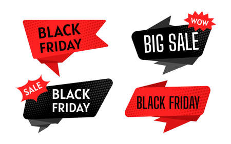Black Friday sale banner set. Abstract advertising sign banner of big sales, promotion. Halftone dot background, black and red. Super sale and discount collection. Isolated vector illustrationのイラスト素材