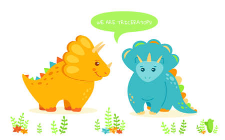 Triceratops dinosaur with speech bubble. Cartoon colorful dino with plants and flowers. Kids design for fabric or textile. Vector illustration isolated on white backgroundのイラスト素材
