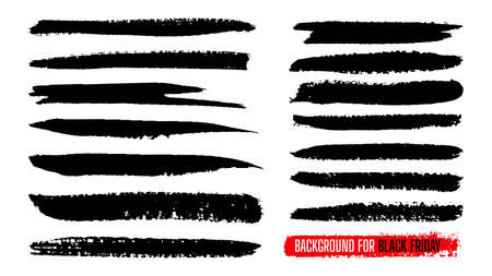 Black Friday sale paint stripe template set. Ink painting, brush banner stroke. Watercolor grunge line texture. Black dirty splash blots shape border background. Isolated vector illustrationのイラスト素材