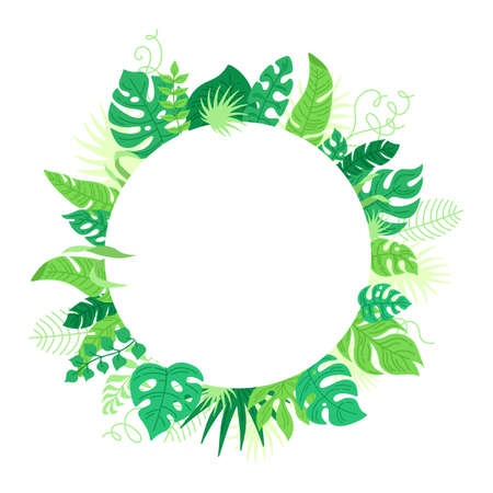 Round background from tropical leaves, cartoon style. Trendy hawaiian abstract template banner. Tropic rainforest foliage with monstera. Circular frame for text. Vector illustrationのイラスト素材
