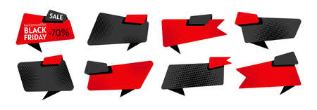 Black Friday sale empty banner set. Template abstract advertising sign banner of sales, promotion. Halftone dot background, black and red. Super sale, discount collection. Isolated vector illustrationのイラスト素材