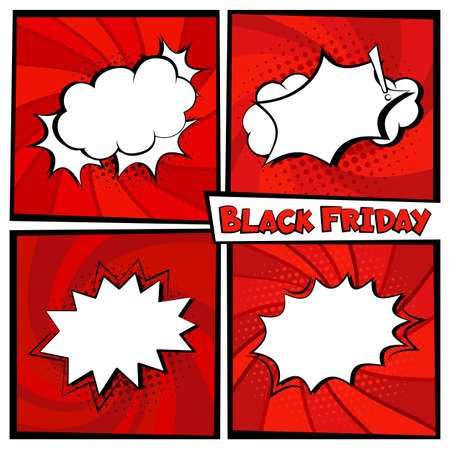 Black Friday sale Comic banner template background set. Empty label explosion, cloud, message. Blank explosion pop-art web banner. Advertising sales, promotion, discount. Isolated vectorのイラスト素材