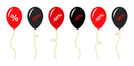 Black Friday sale balloons set. Super discount collection surprise gift ballon. Black and red helium balloons. Big sales, promotion design cartoon flat collection. Isolated vector illustrationのイラスト素材