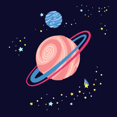 Planet cartoon illustration. Colorful card cartoon abstract planet in dark background. Astronomical observatory. Mercury venus earth jupiter saturn neptun. Astronomy galaxy space. Vector illustrationのイラスト素材