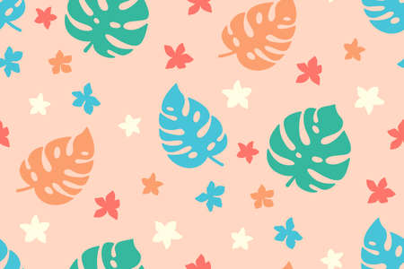 Summer tropical seamless pattern. Exotic wallpaper, cartoon leaves and flowers. Monstera, palm and wild flowers. Hawaiian flat plants jungle pink background. Vector illustrationのイラスト素材