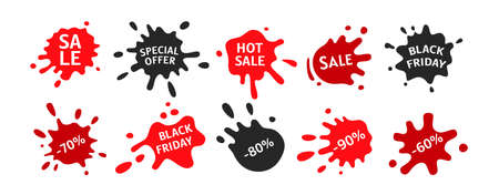Black Friday sale splash shape set. Template decorative shapes liquids, black and red ink splatter collection. Stain ink collection, paint blob, spatters cartoon style. Vector illustrationのイラスト素材