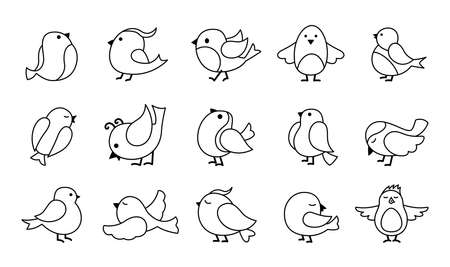 Cute bird outline cartoon set. Black line little birds, different poses, flying. Happy character. Hand drawn flat abstract icon. Modern trendy vector illustrationのイラスト素材