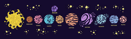 Planets row in space. Colorful doodle solar system in dark background. Astronomical observatory. Sun...