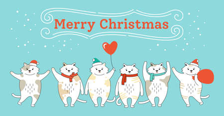 Greeting Christmas card, cat in row. New year kitten in Santa Claus hats. Hand drawn funny doodles cartoon cats. Collection animals character. Happy New year, merry Christmas. Animal vectorのイラスト素材