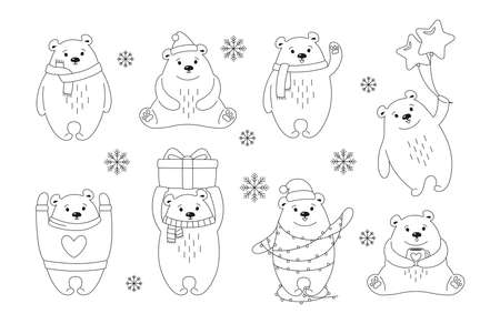 Christmas polar bear cartoon outline set. New Year animal mammals with santa hat, gift or garland. Hand drawn doodle vector bears in different poses. Funny animals celebrate. Black and whiteのイラスト素材