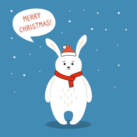 Greeting Christmas card, rabbit with dialog speech, bubble. Hare in Santa Claus hat. Hand drawn funny cartoon christmas character. Happy New year, merry Christmas. Animal vectorのイラスト素材